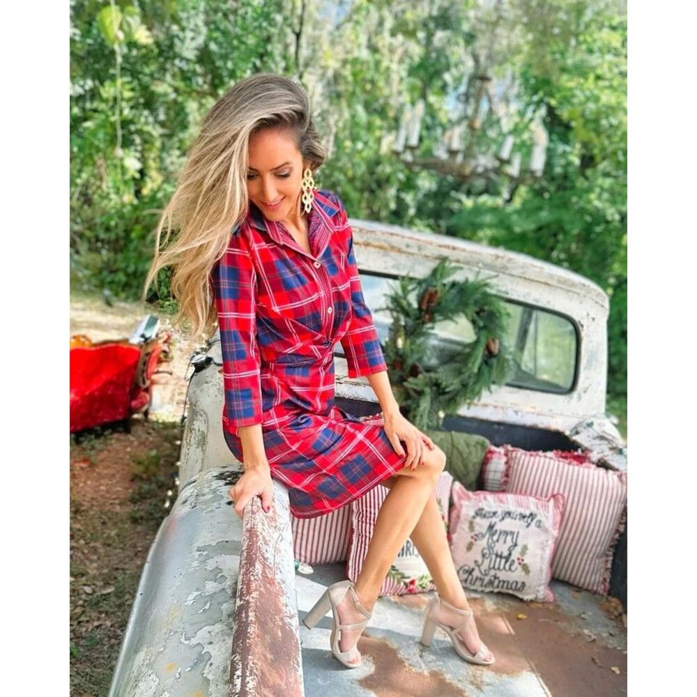 Gretchen Scott womens Red Middleton Plaid Twist & Shout Dress size Shrimp = XXS